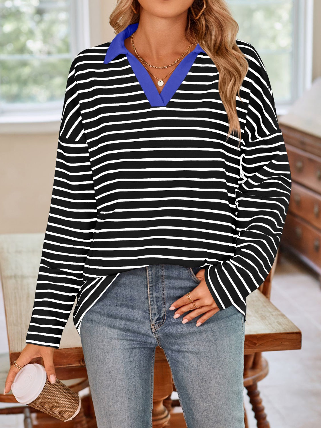 Striped Johnny Collar Long Sleeve T-Shirt