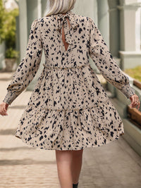 Perfee Frill Printed Mock Neck Long Sleeve Mini Dress