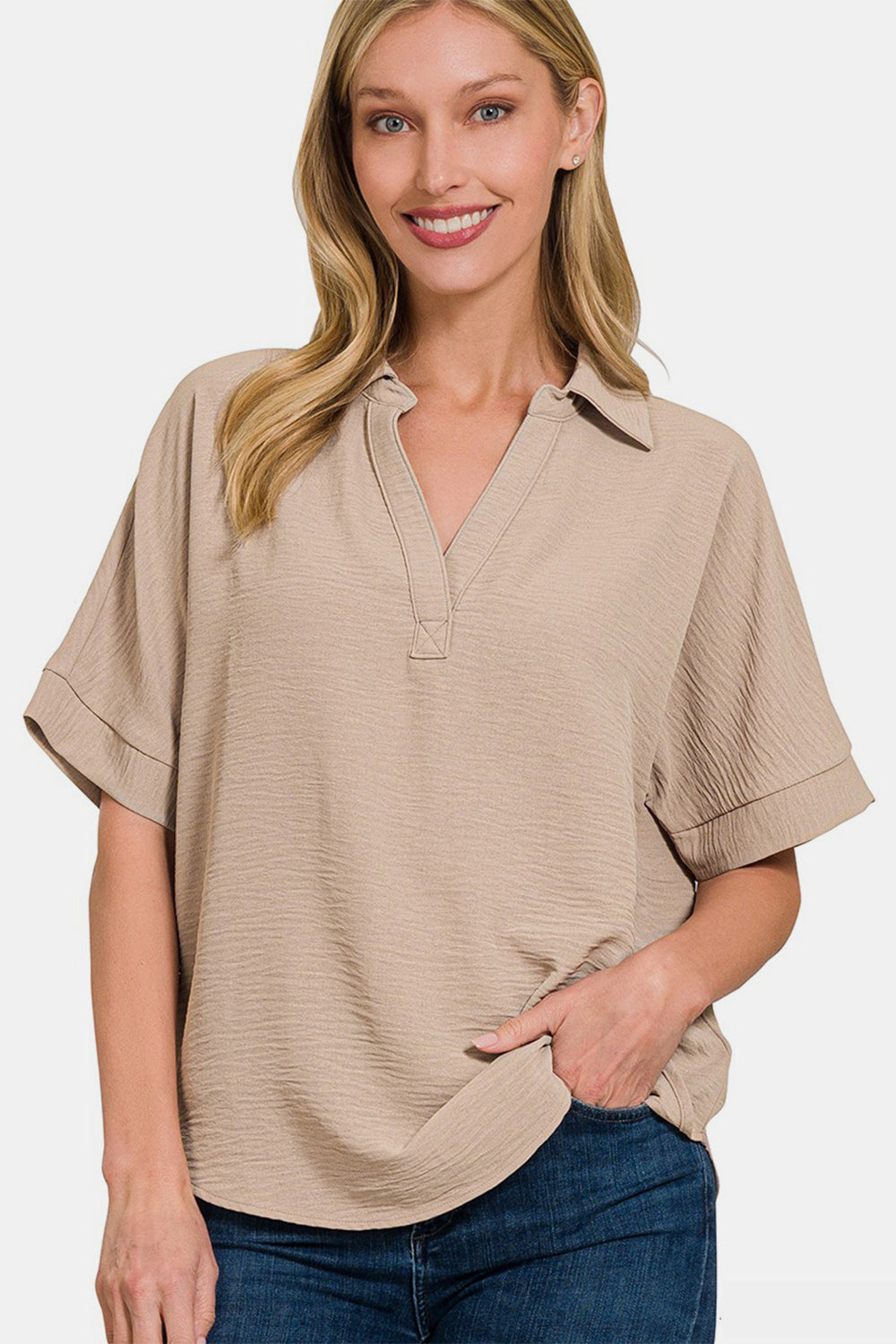 Texture Collared Neck Short Sleeve Top