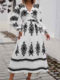 Devine Printed Surplice Lantern Sleeve Midi Dress