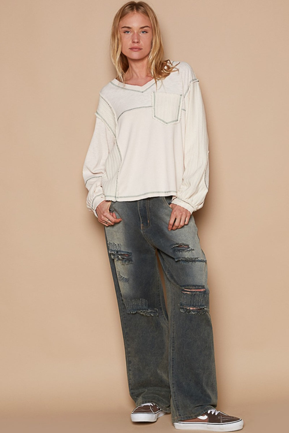 V-Neck knit Panel Exposed Seam Top