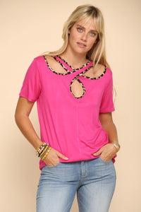 Full Size Crisscross Cutout Leopard Contrast Trim T-Shirt