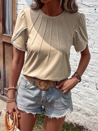 Round Neck Petal Sleeve T-Shirt Tan