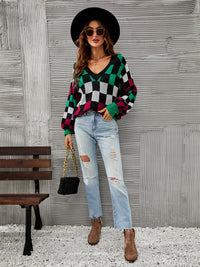 Angel Wings Checkered V-Neck Lantern Sleeve Sweater