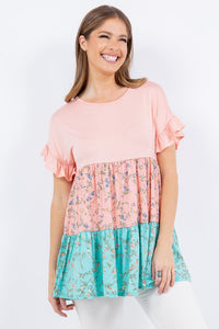 Size Floral Color Block Ruffled Short Sleeve Top