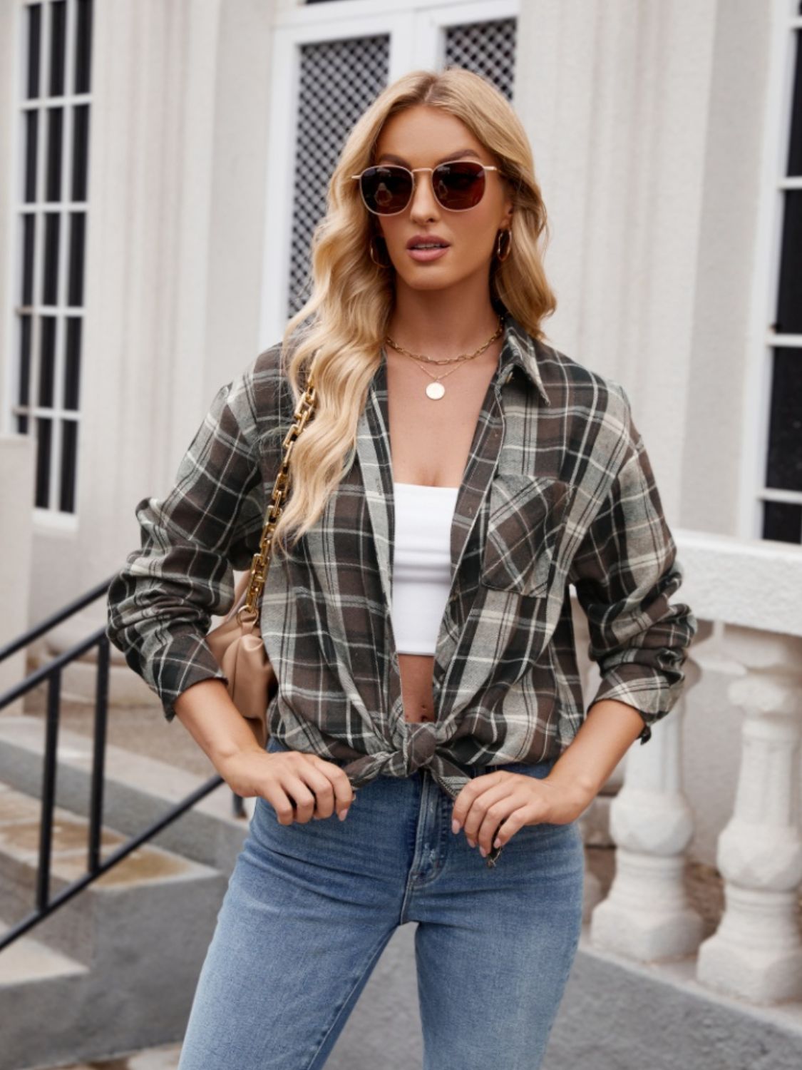 Pocketed Plaid Collared Neck Long Sleeve Shirt