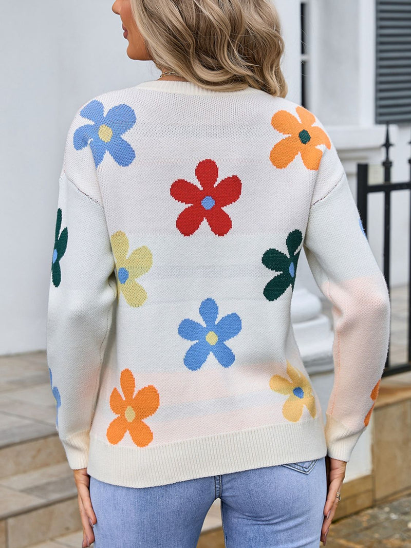 Angel Wings Flower Round Neck Long Sleeve Sweater