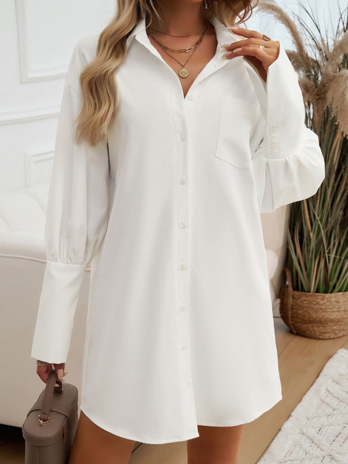 Devine Button Up Lantern Sleeve Mini Shirt Dress