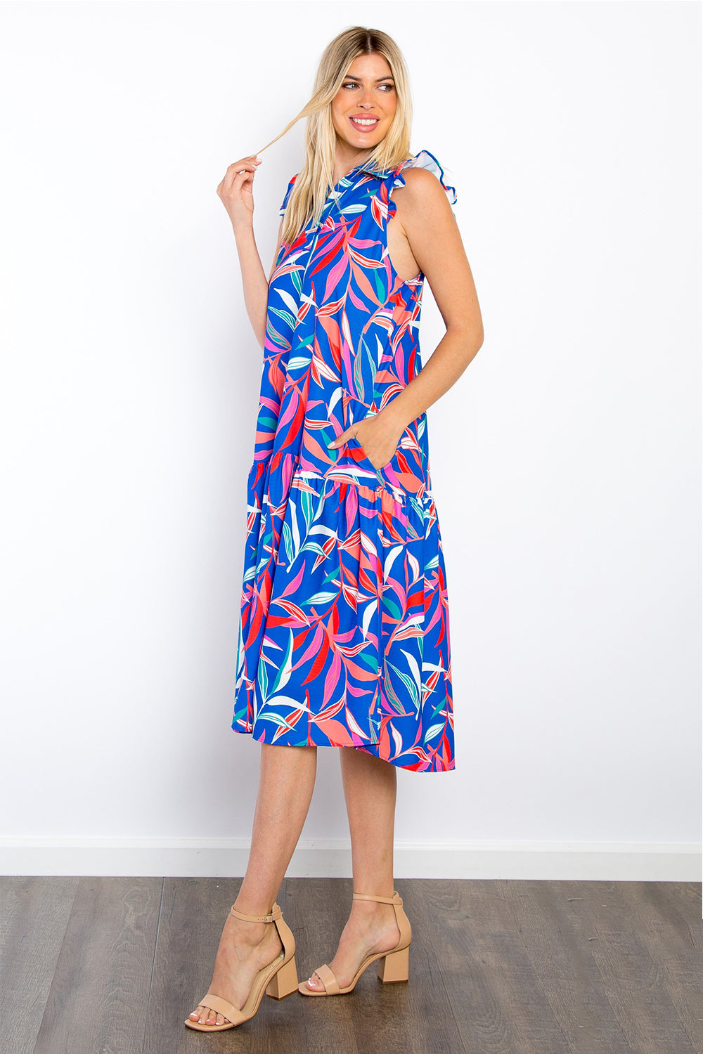 Print Ruffled Midi Dress with Pockets