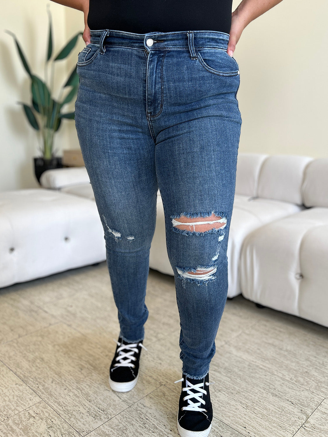 Full Size  High Waist Distressed Skinny Jeans