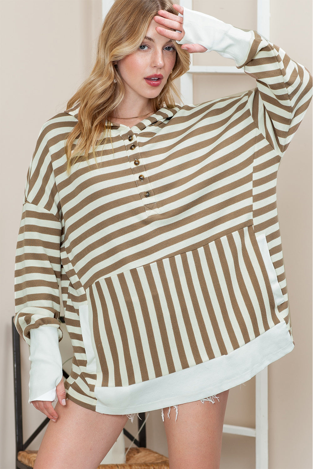 Striped Dropped Shoulder Buttoned Hoodie