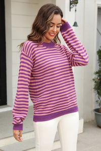 Angel Wings Striped Round Neck Dropped Shoulder Sweater