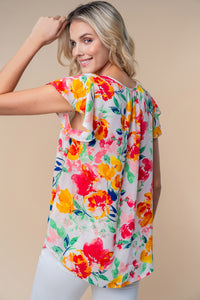 Full Size Short Sleeve Floral Woven Top