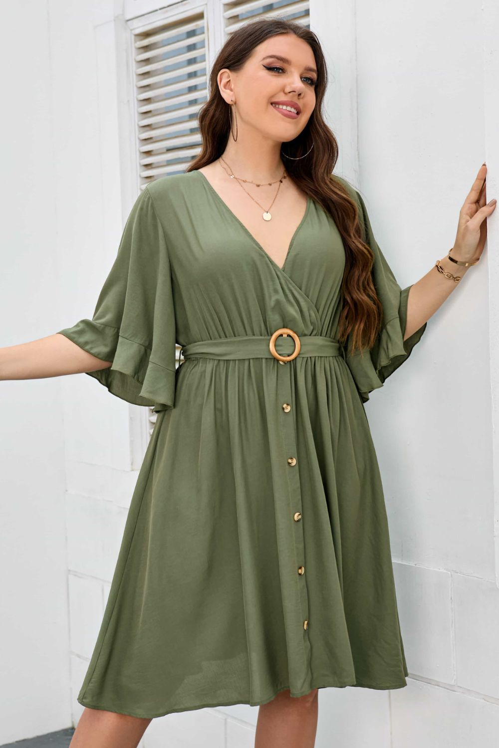 Plus Size Surplice Neck Half Sleeve Dress