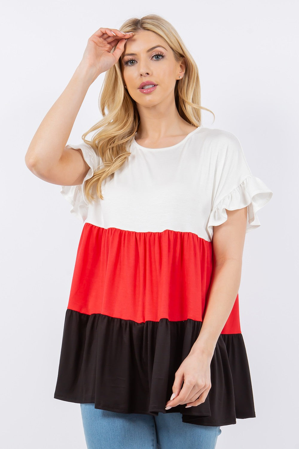 Celeste Full Size Color Block Ruffled Short Sleeve Top