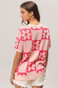 Flower Checker Pattern Short Sleeve Sweater