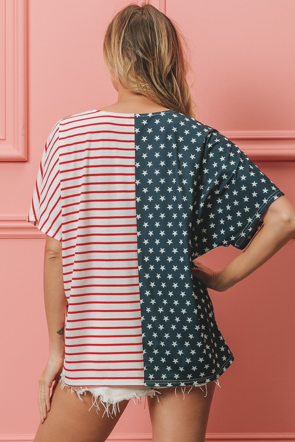 US Flag Themed Color Block Short Sleeve T-Shirt