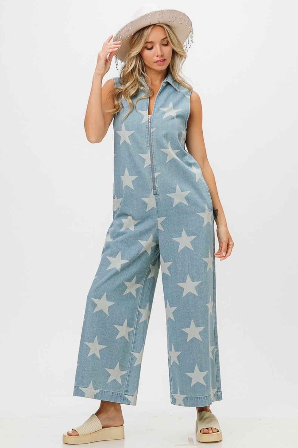 BiBi Star Print Half Zip Sleeveless Denim Jumpsuit