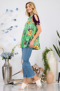 Full Size Open Tie Sleeve Round Neck Floral Blouse
