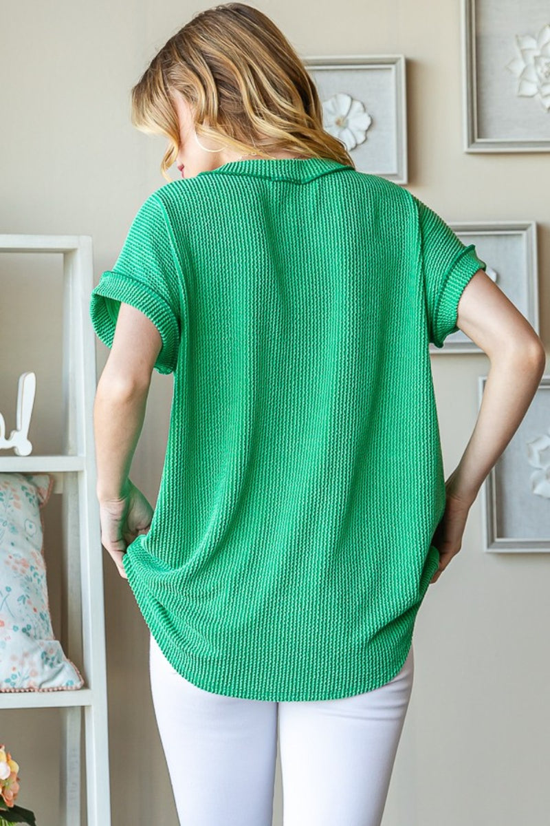 Full Size Front Pocket Short Sleeve Ribbed Top
