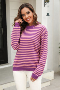 Angel Wings Striped Round Neck Dropped Shoulder Sweater