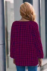 Ivy Lane Plaid Tie Neck Balloon Sleeve Blouse