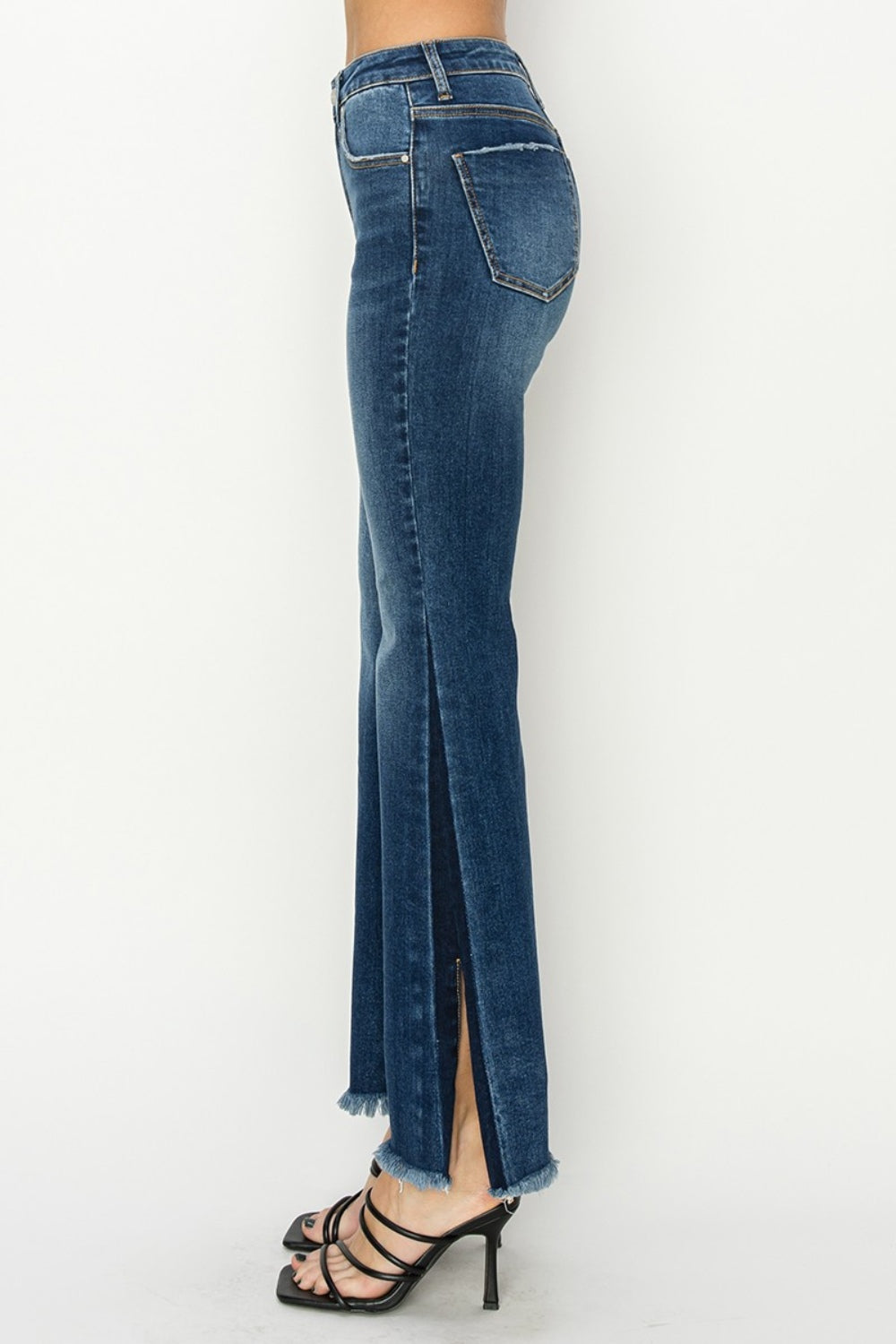 Full Size High Rise Side Shadow Seam Detail Slit Flare Jeans