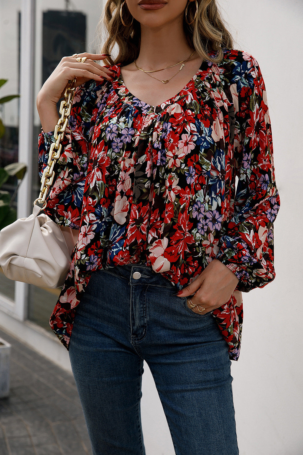 Ivy Lane Floral Print Balloon Sleeve Ruched Blouse