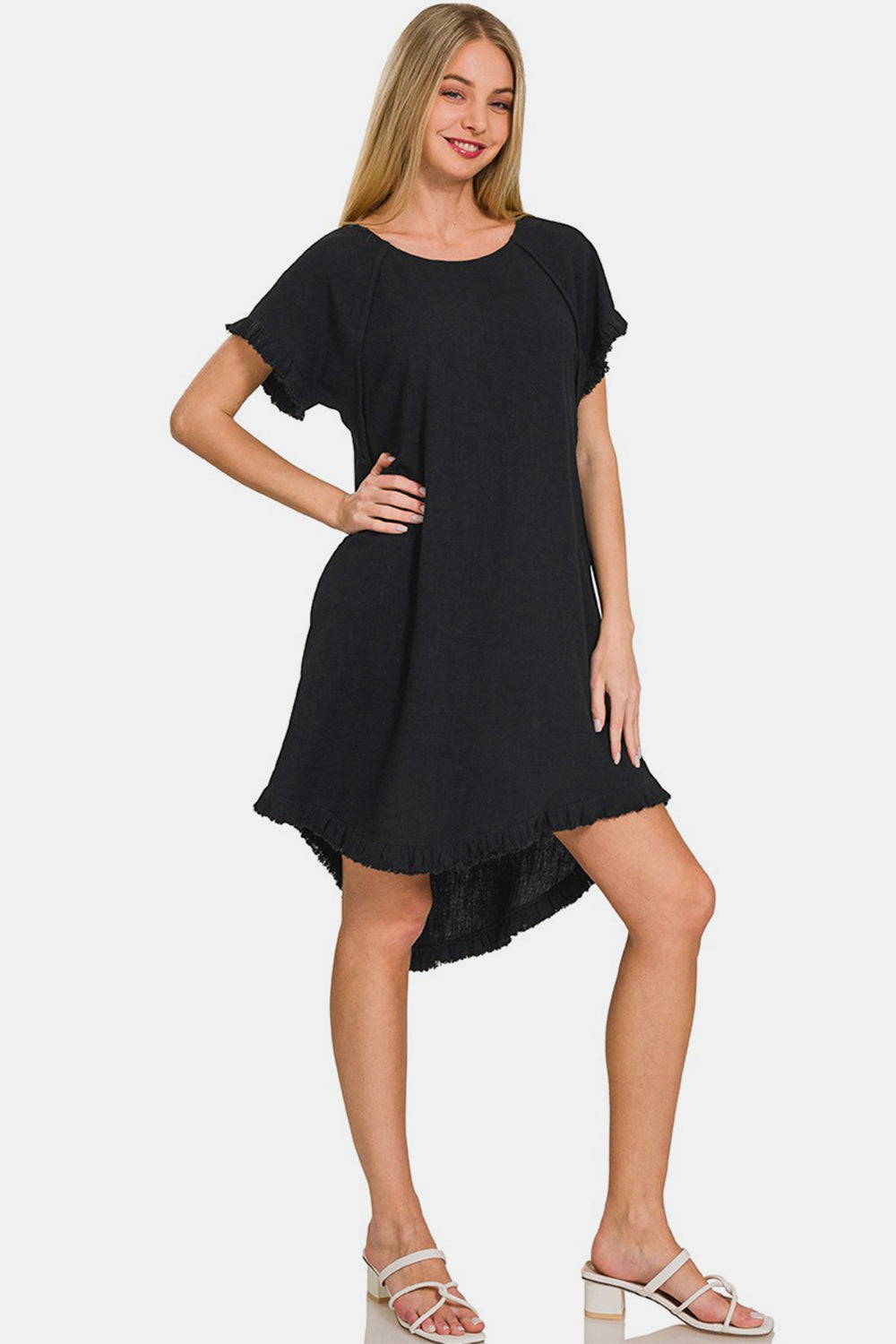 Fringe Edge High Low Flowy Dress with Pockets