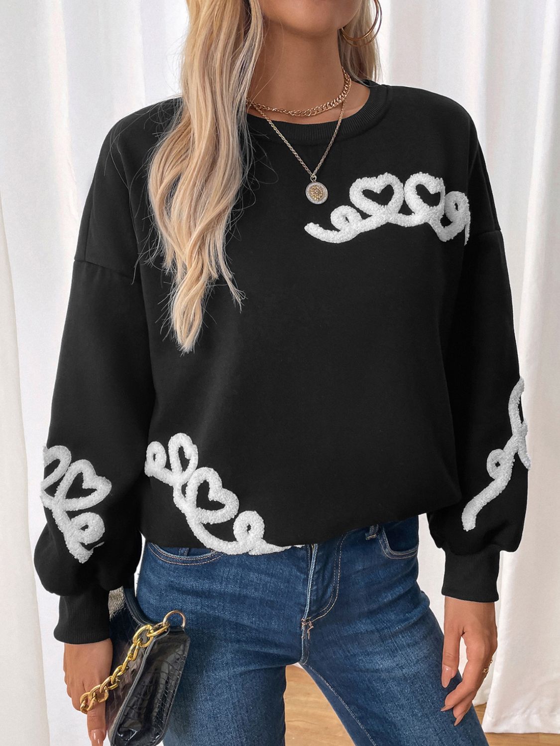 Perfee Heart Round Neck Long Sleeve Sweater