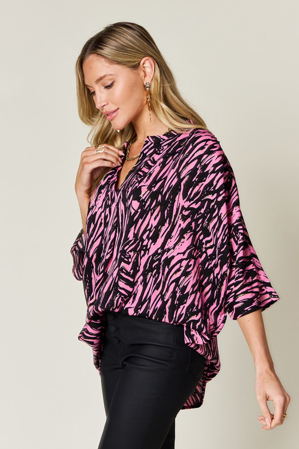 Full Size Printed Notched Three-Quarter Sleeve Blouse