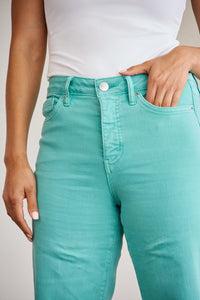 Full Size Tummy Control High Waist Raw Hem Jeans Island Green