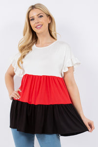 Celeste Full Size Color Block Ruffled Short Sleeve Top