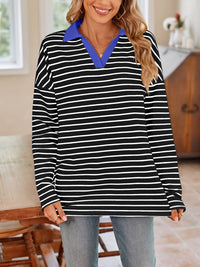 Striped Johnny Collar Long Sleeve T-Shirt