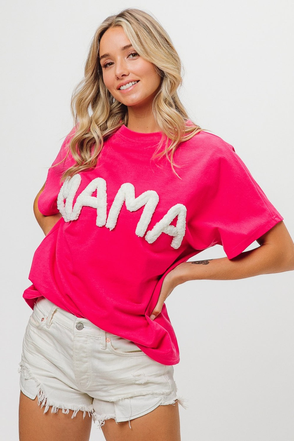 MAMA Round Neck Short Sleeve T-Shirt Fuchsia