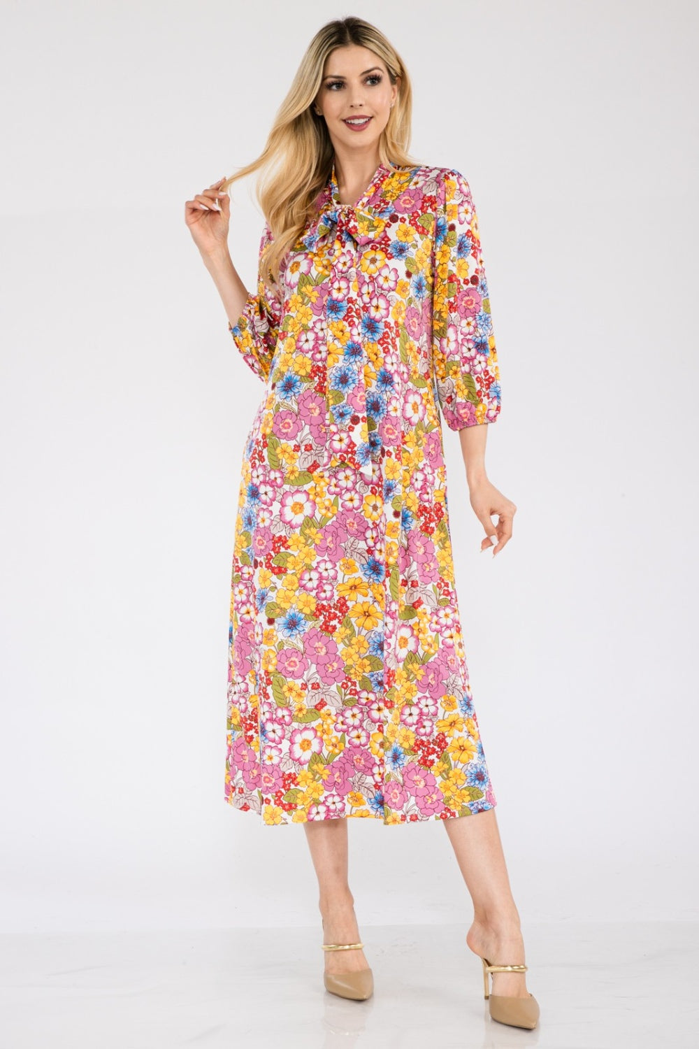 Full Size Floral Midi Dress with Bow Tied
