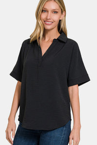 Full Size Texture Collared Neck Short Sleeve Top