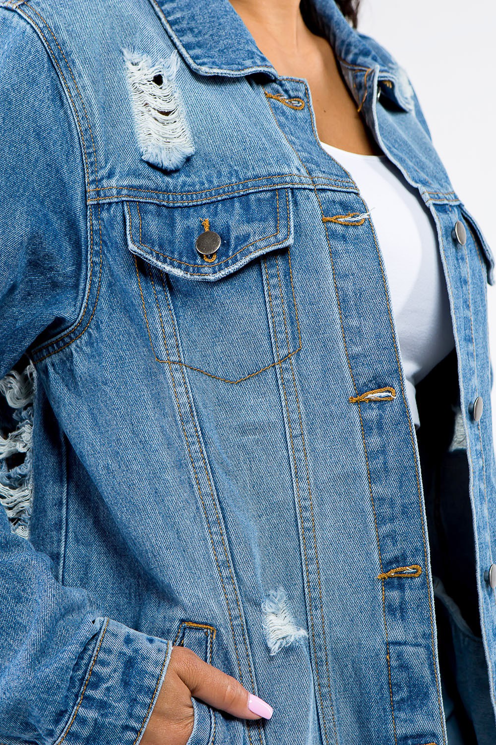 Full Size Button Up Distressed Denim Jacket