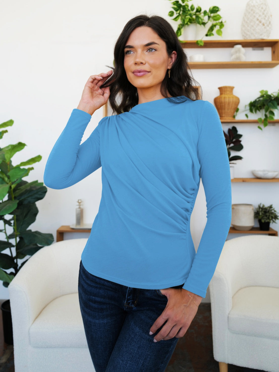 FAM-FAM Ruched Mock Neck Long Sleeve T-Shirt