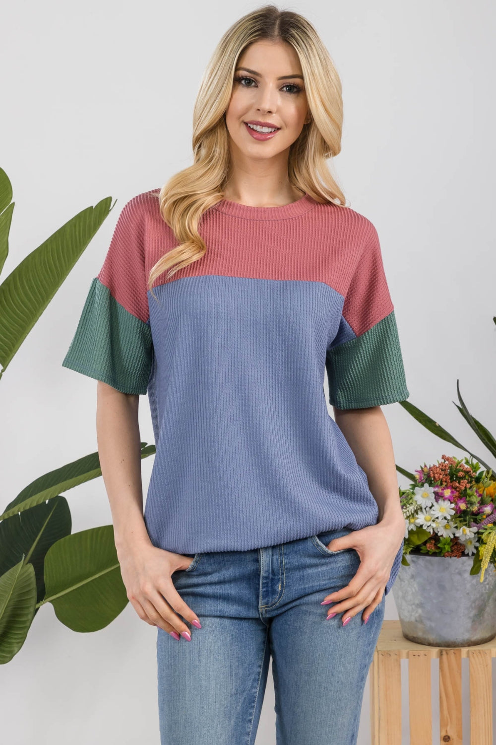 Full Size Ribbed Color Block T-Shirt