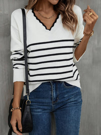 Angel Wings Striped V-Neck Drop Shoulder Sweater