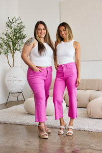 Full Size Tummy Control High Waist Raw Hem Jeans Pink Rouge
