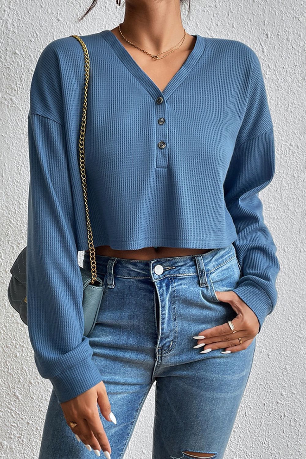 Ivy Lane Cropped V-Neck Raglan Sleeve Buttoned Blouse