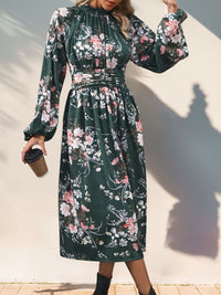 Perfee Ruched Printed Mock Neck Long Sleeve Midi Dress