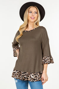 Full Size Flounce Sleeve Leopard Trim Top