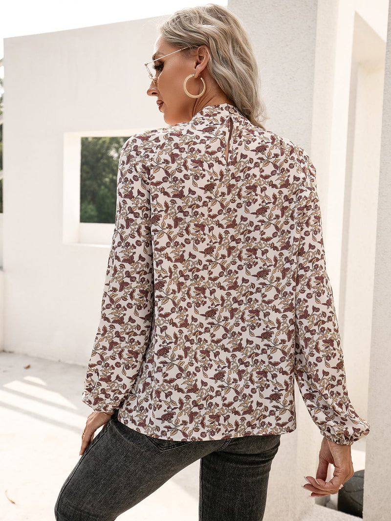 Ivy Lane Floral Print Long Sleeve Mock Neck Blouse