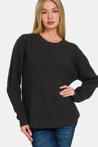 High Low Long Sleeve Waffle Sweater