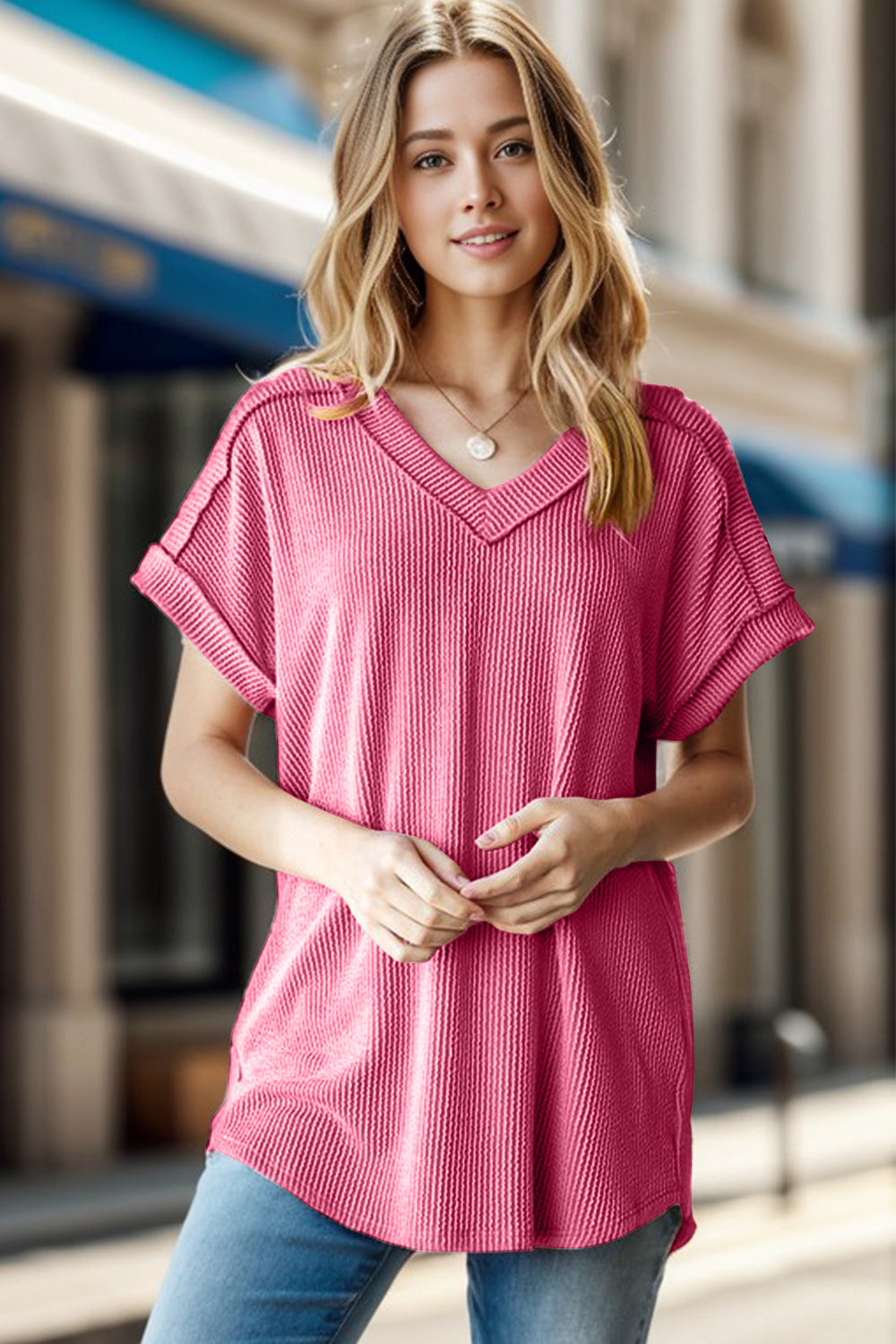 Full Size Exposed Seam Short Sleeve Ribbed Top