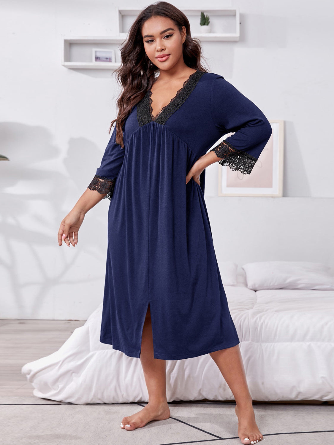 Plus Size Lace Detail V-Neck Lounge Dress