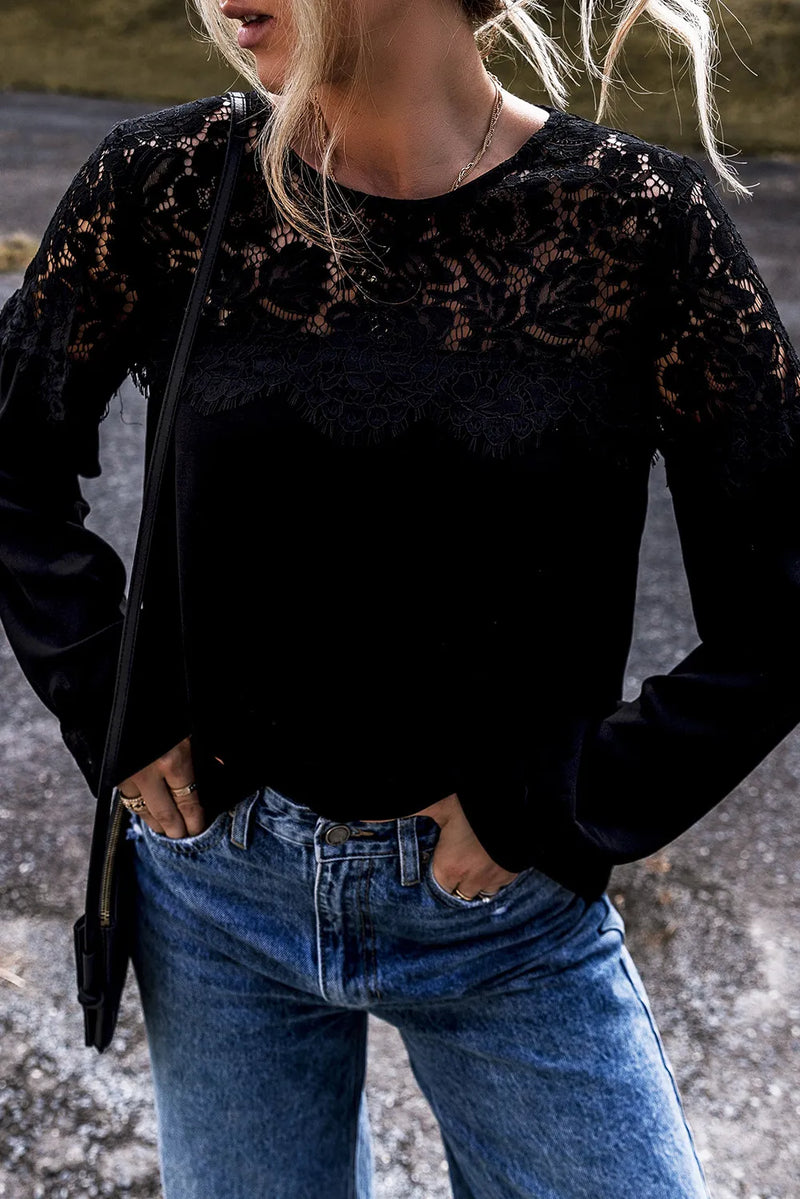 Lace Round Neck Long Sleeve Blouse